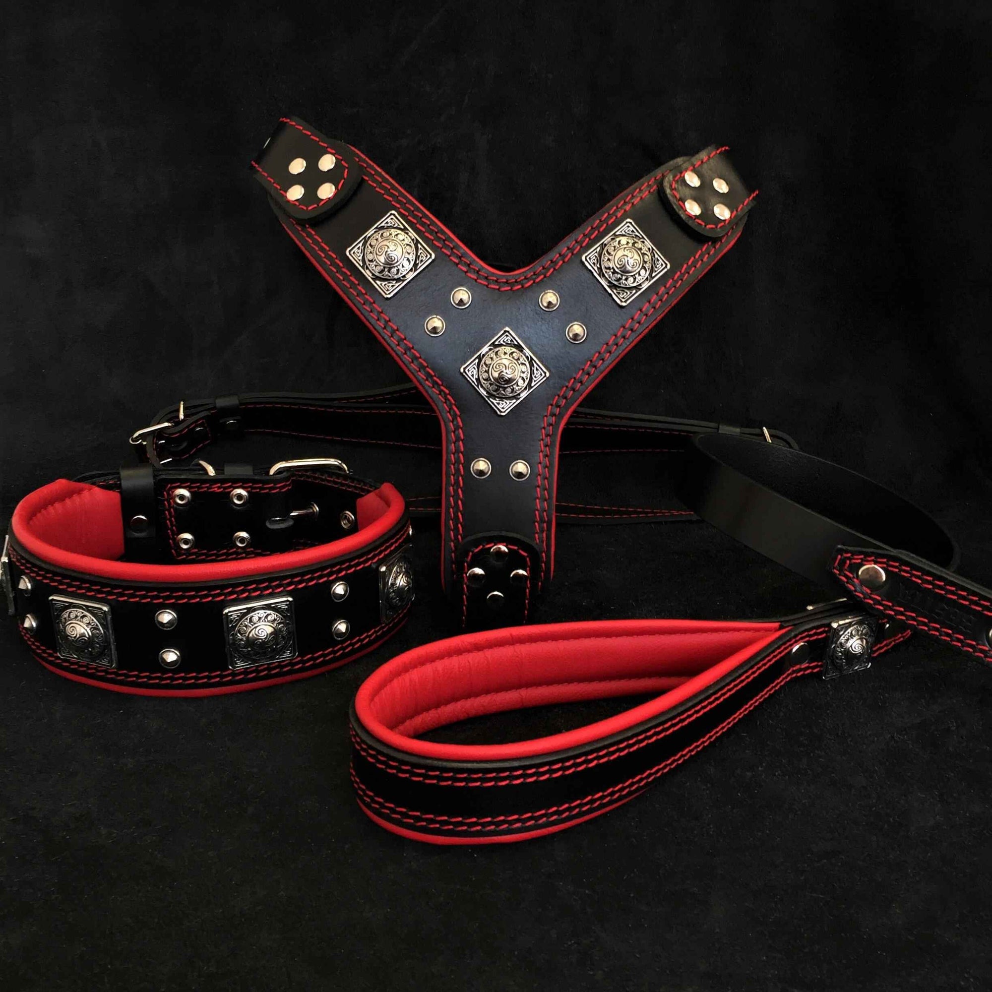 Bestia Eros Black & Red Leather Large Breed Dog Harness, Collar & Leash Set