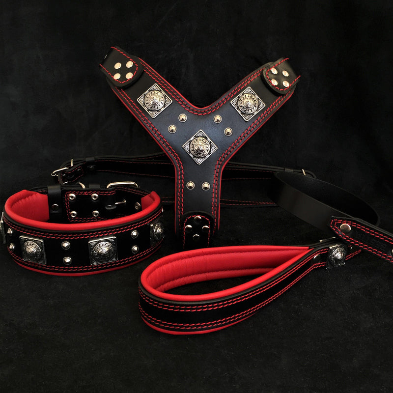 Bestia Dog Gear "EROS" BIG dog SET- Harness - collar - lead. Black & Red Genuine Leather Black pet supplies