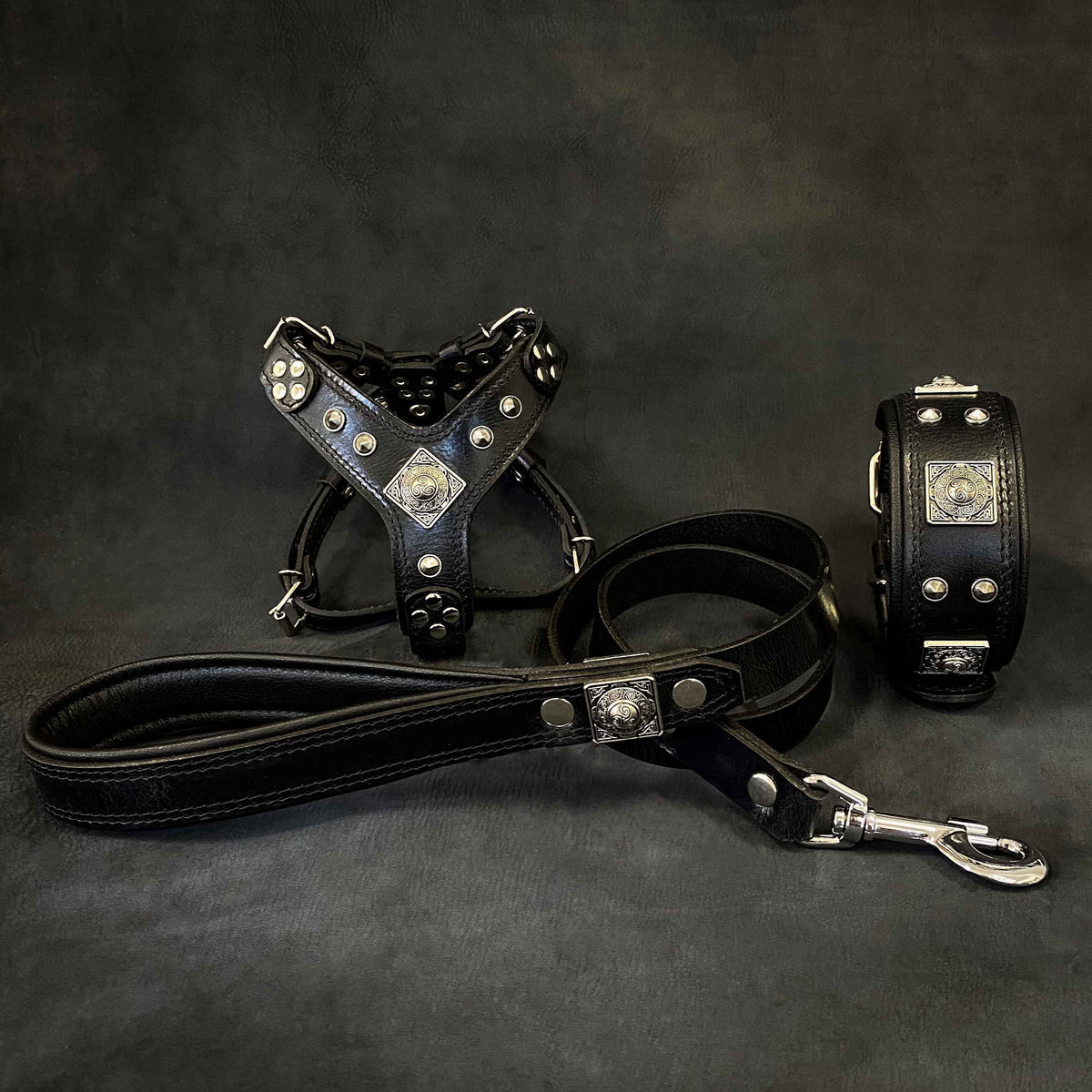 Bestia Eros All Black Leather Small to Medium Dog Harness, Collar & Leash Set