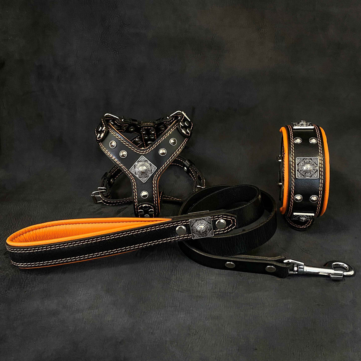 Bestia Eros Black & Orange Leather Small to Medium Dog Harness, Collar & Leash Set
