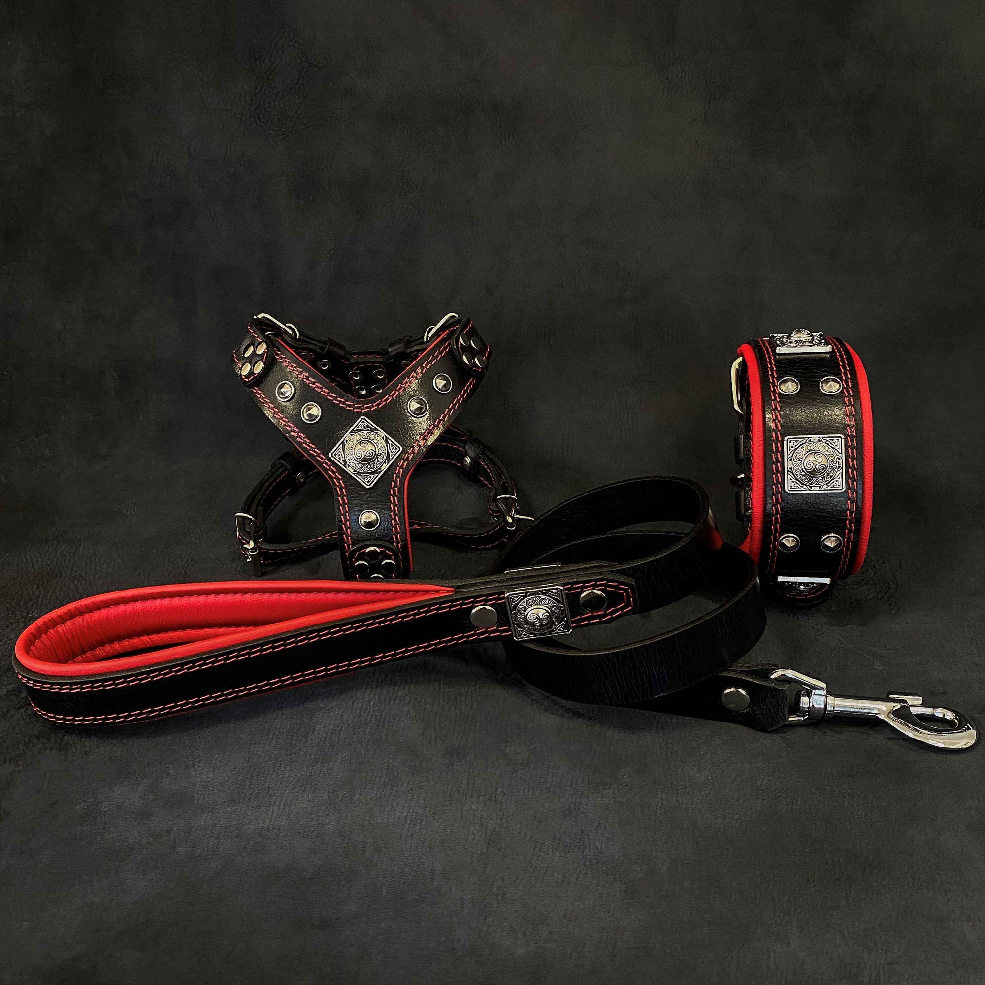 Bestia Eros Black & Red Leather Small to Medium Dog Harness, Collar & Leash Set