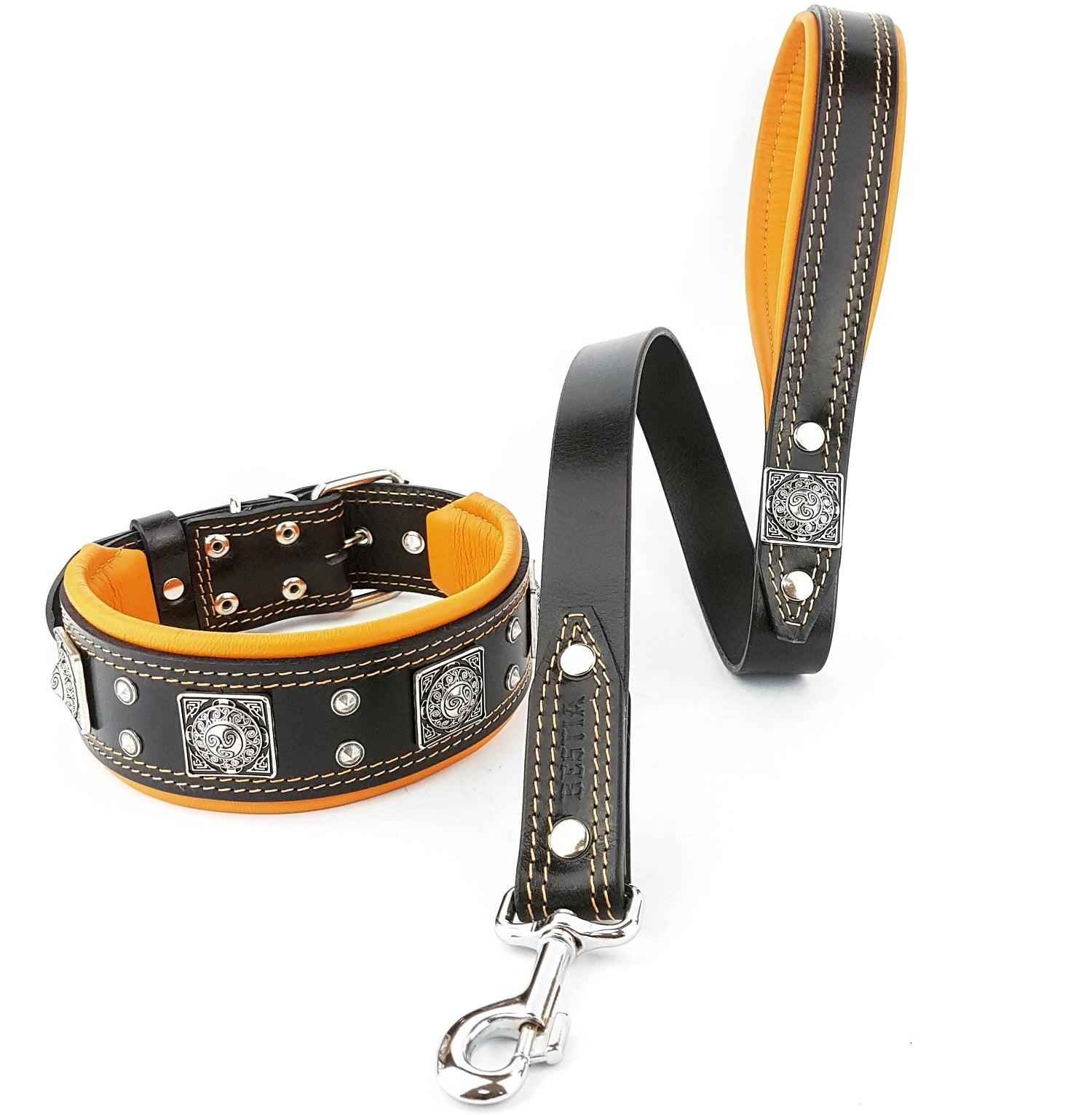 Bestia Eros 2.5-Inch Wide Black & Orange Leather Dog Collar