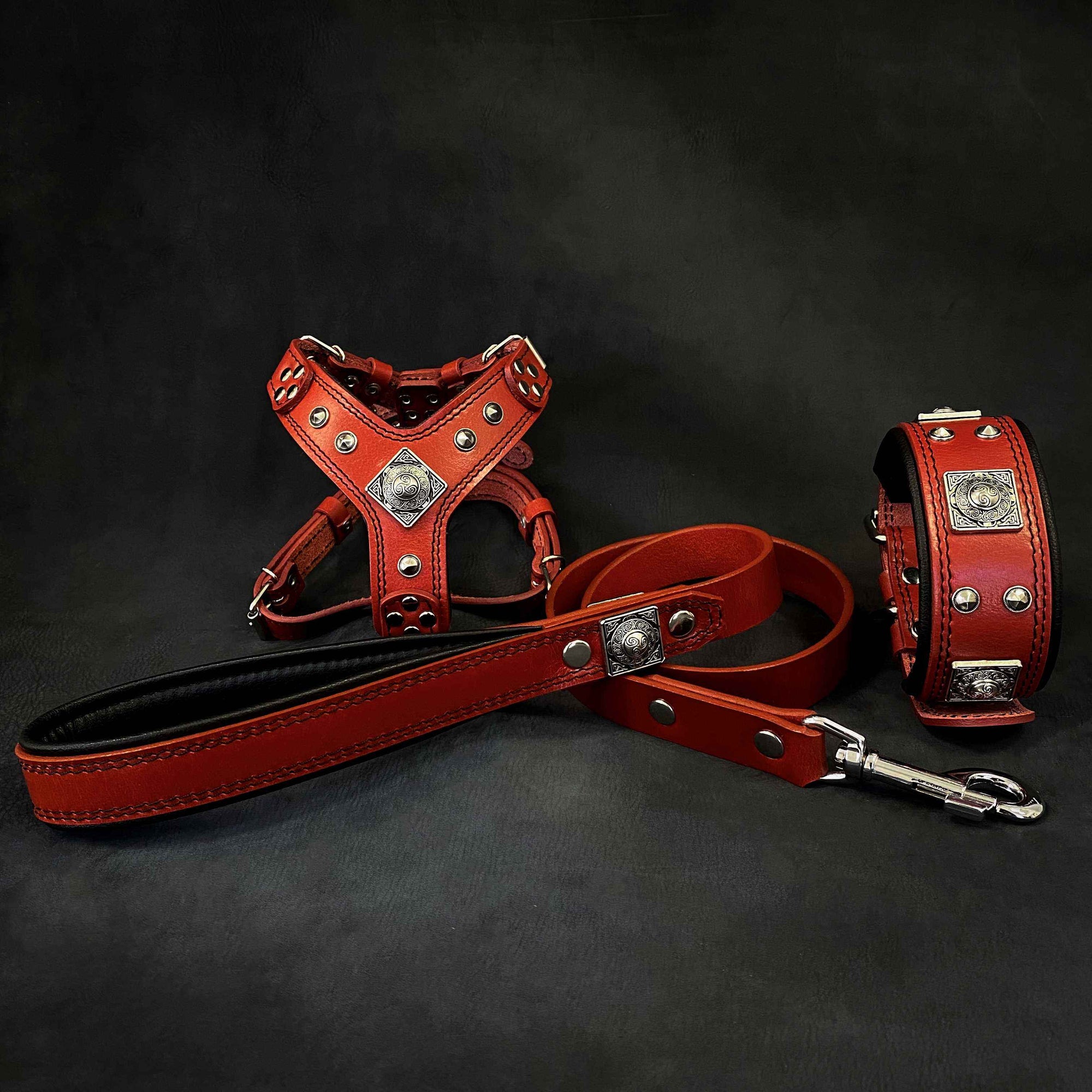 Bestia Eros Red Leather Small to Medium Dog Harness, Collar & Leash Set