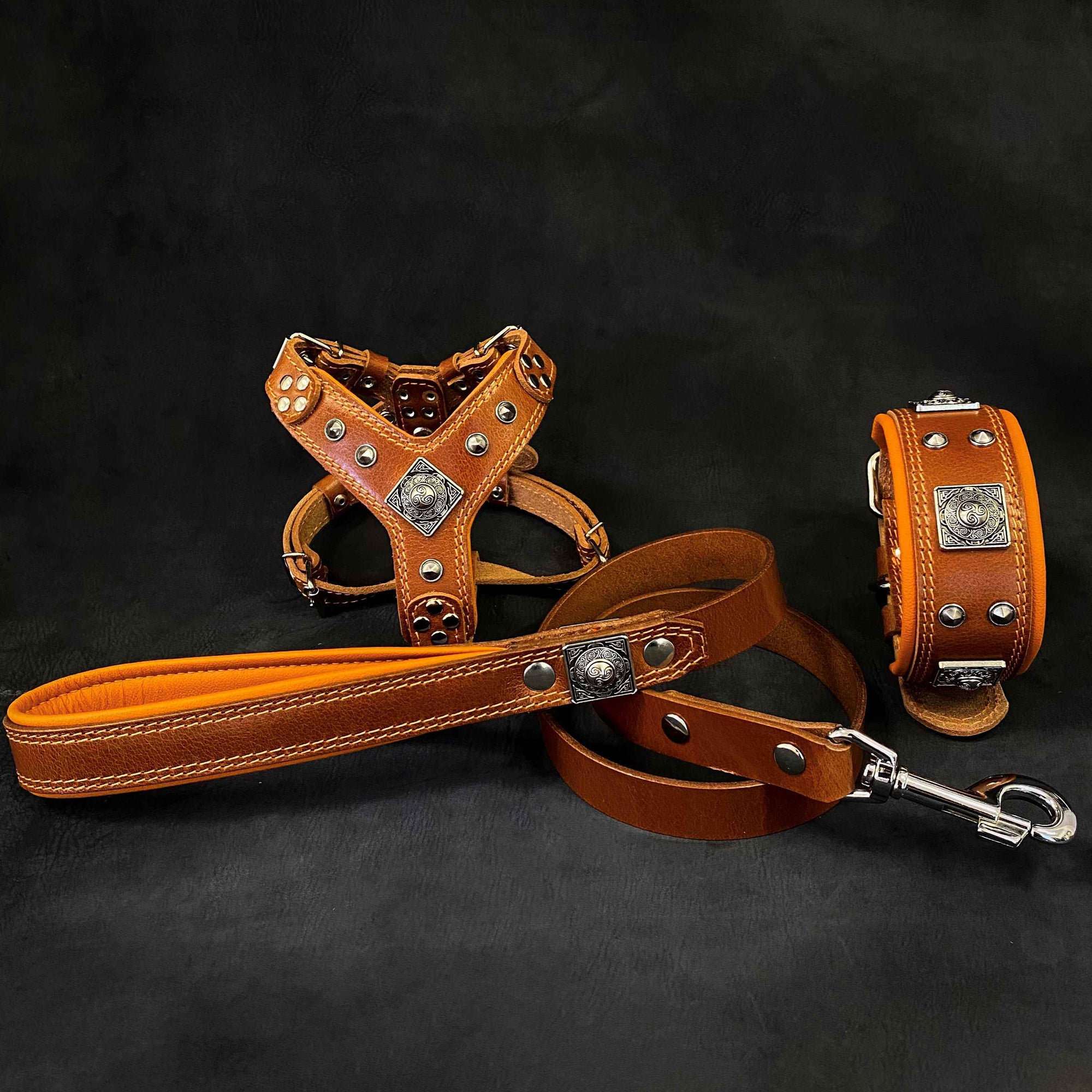Bestia Eros Brown Leather Small to Medium Dog Harness, Collar & Leash Set