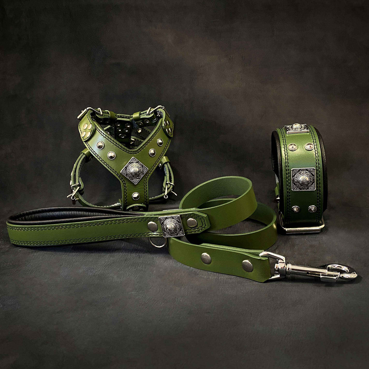 Bestia Eros Green Leather Small to Medium Dog Harness, Collar & Leash Set
