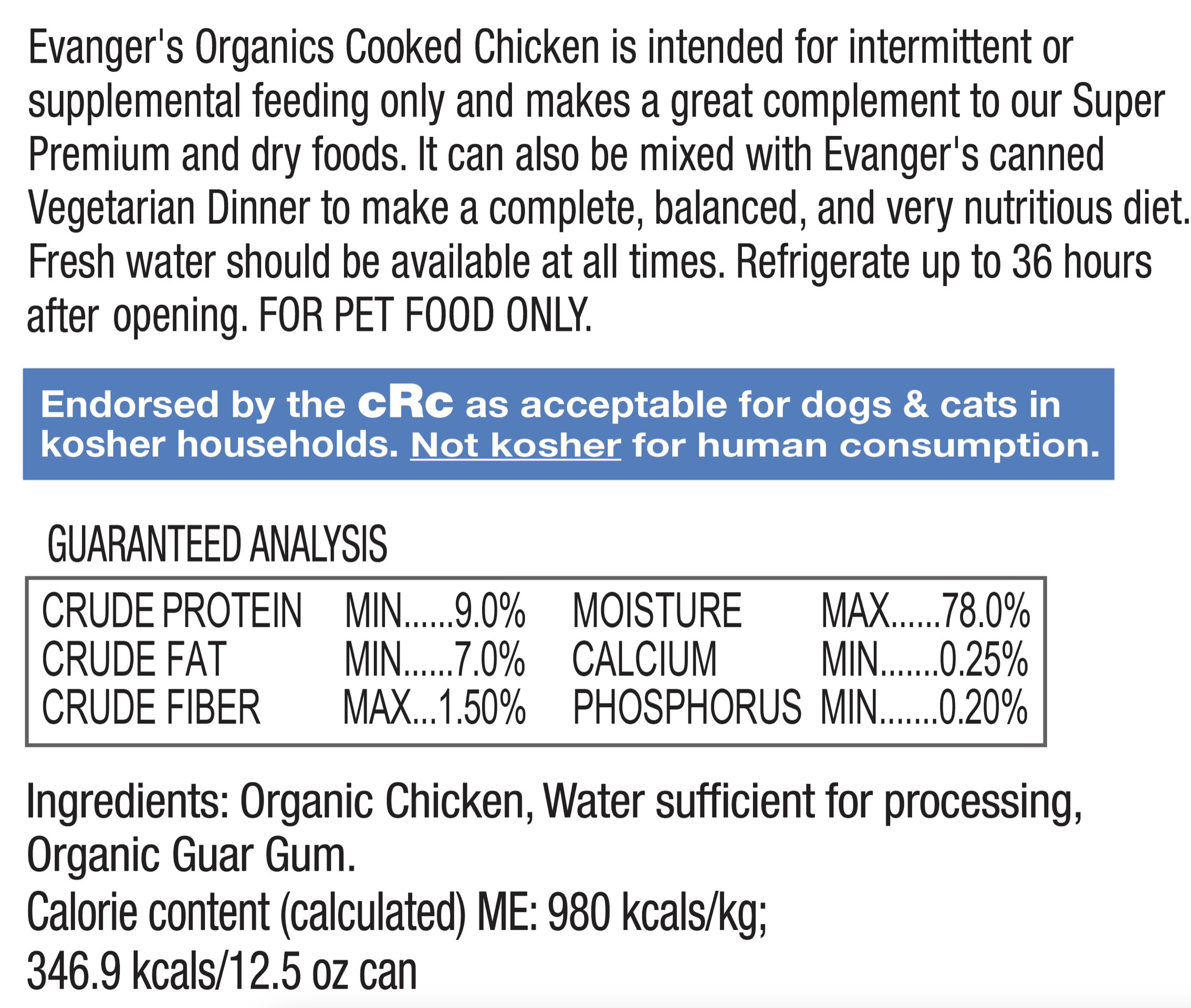 Evangers Organics All Life Stages Cooked Chicken Wet Dog Can (12.5oz)