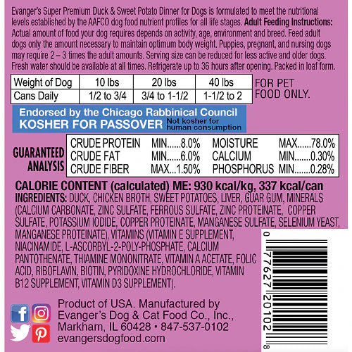 Evangers Super Premium All Life Stages Duck & Sweet Potato, Limited Ingredient Wet Dog Can (12.5oz)