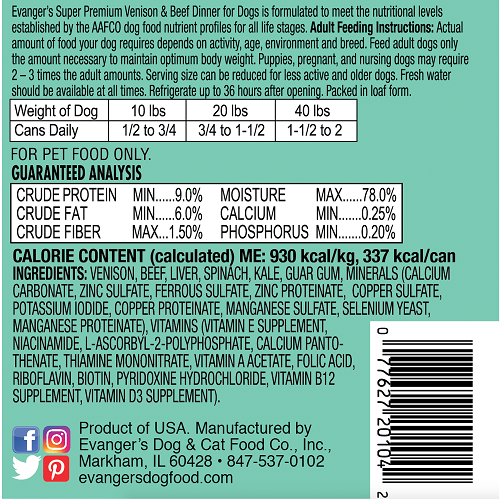 Evangers Super Premium All Life Stages Venison & Beef Dinner, Limited Ingredient Wet Dog Can (12.5oz)
