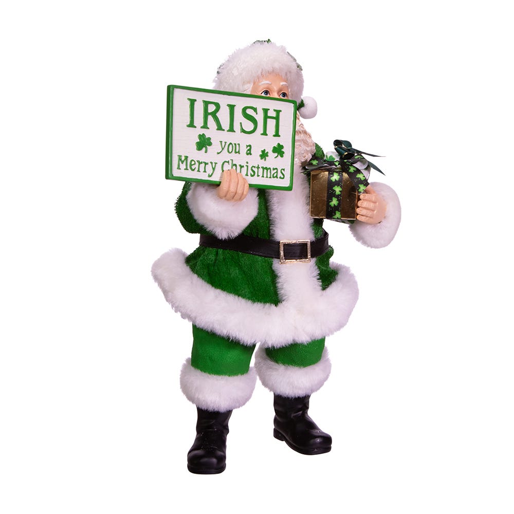 Kurt Adler 10.5-Inch Fabrich Musical Irish Santa Gift Box and Sign