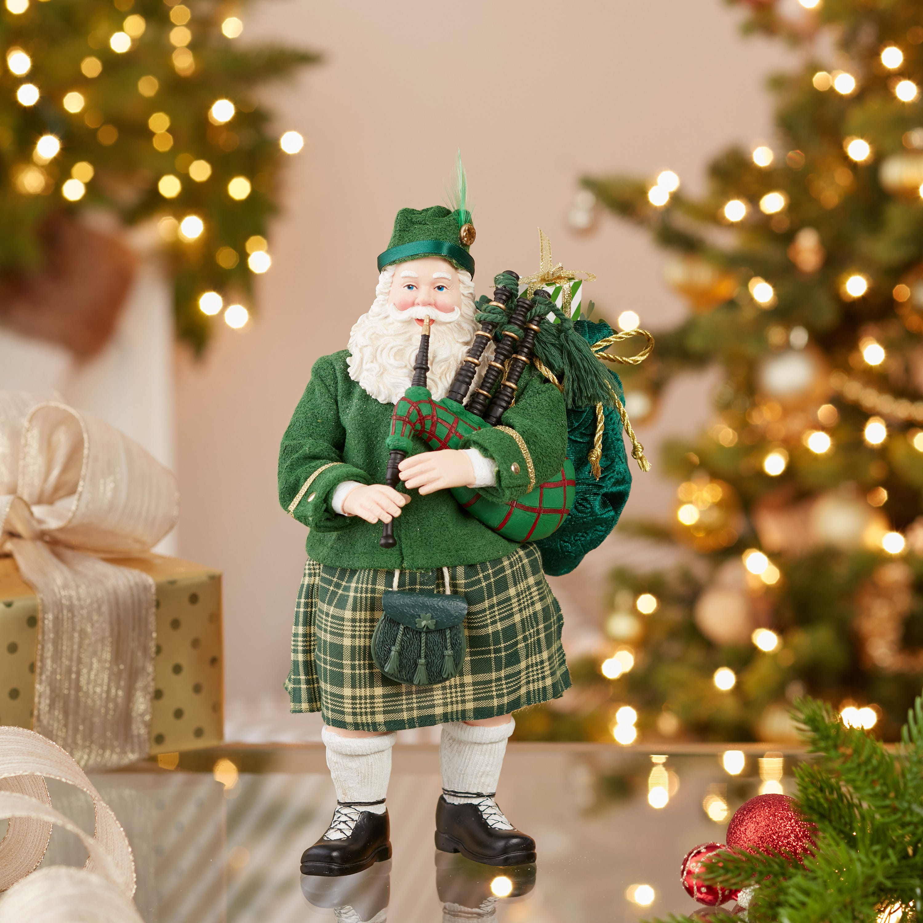 Kurt Adler 10.5-Inch Fabrich Musical Irish Bagpiper Santa