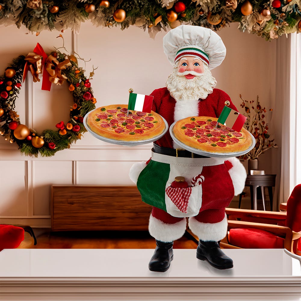 Kurt Adler 11-Inch Fabrich Chef Santa Holding Two Trays of Pizza