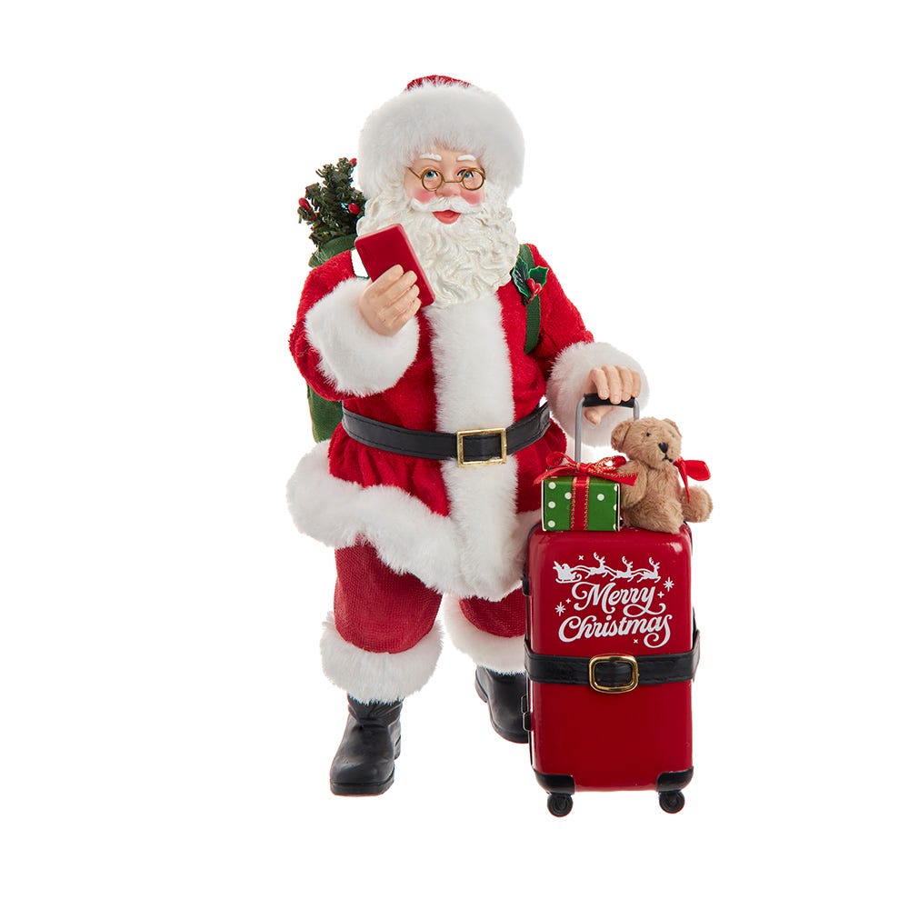 Kurt Adler 10.5-Inch Fabriché Santa with Red Luggage, 2-Piece Set