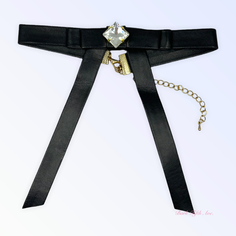 Black Vegan Leather Long Bow Dog Necklace