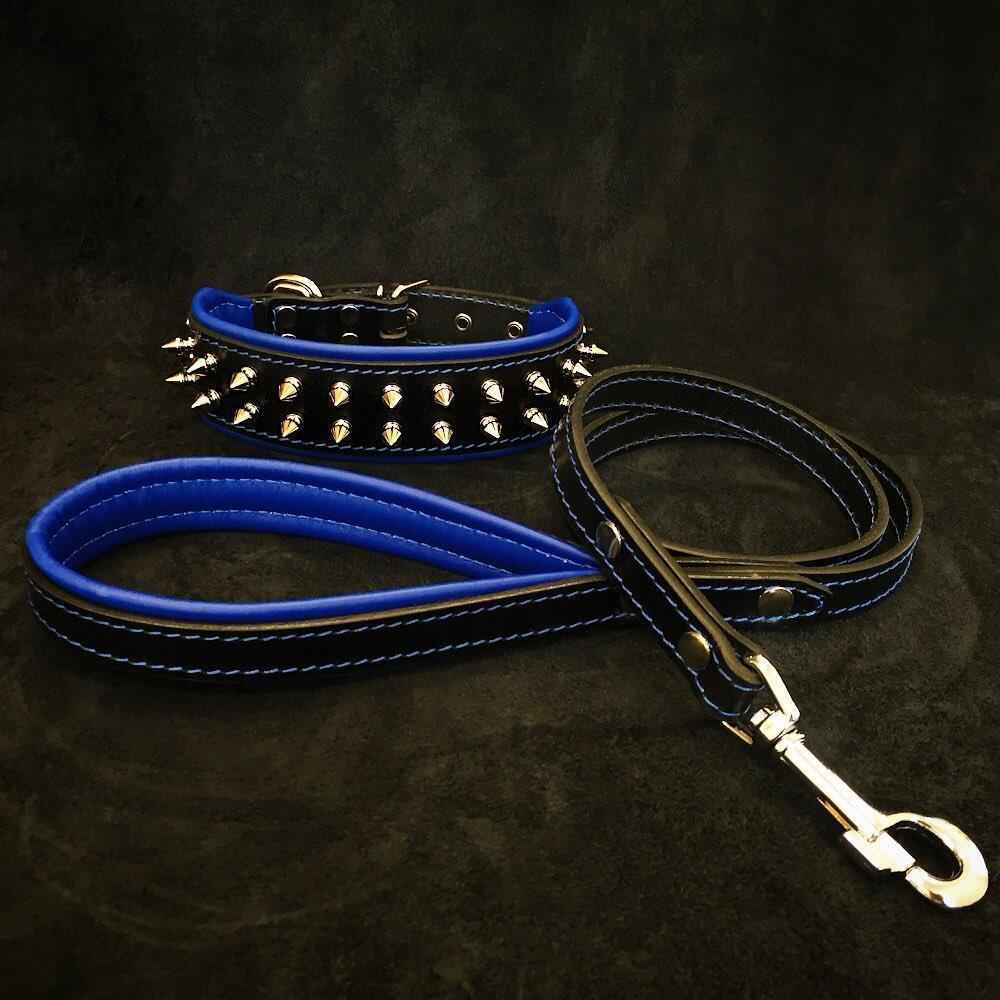 Bestia Frenchie Blue Leather Dog Collar & Leash Set