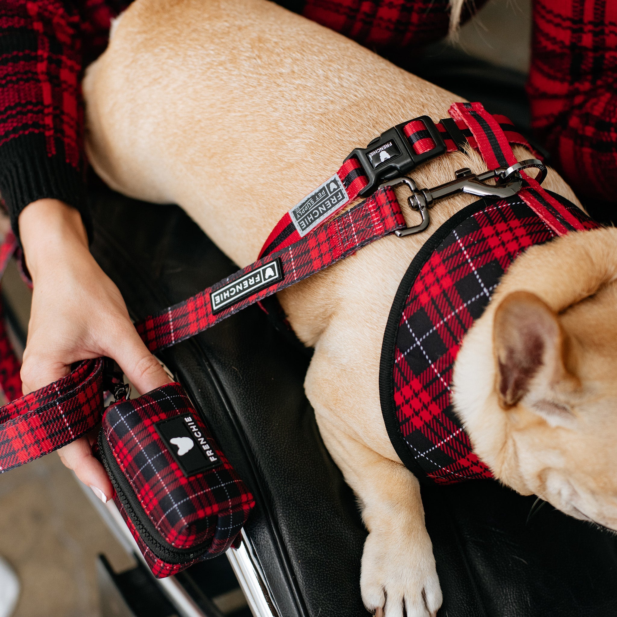 Frenchie Poo Bag Holder - Red Tartan