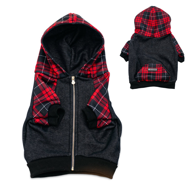 Frenchie Dog Hoodie - Red Tartan - HT Animal Supply
