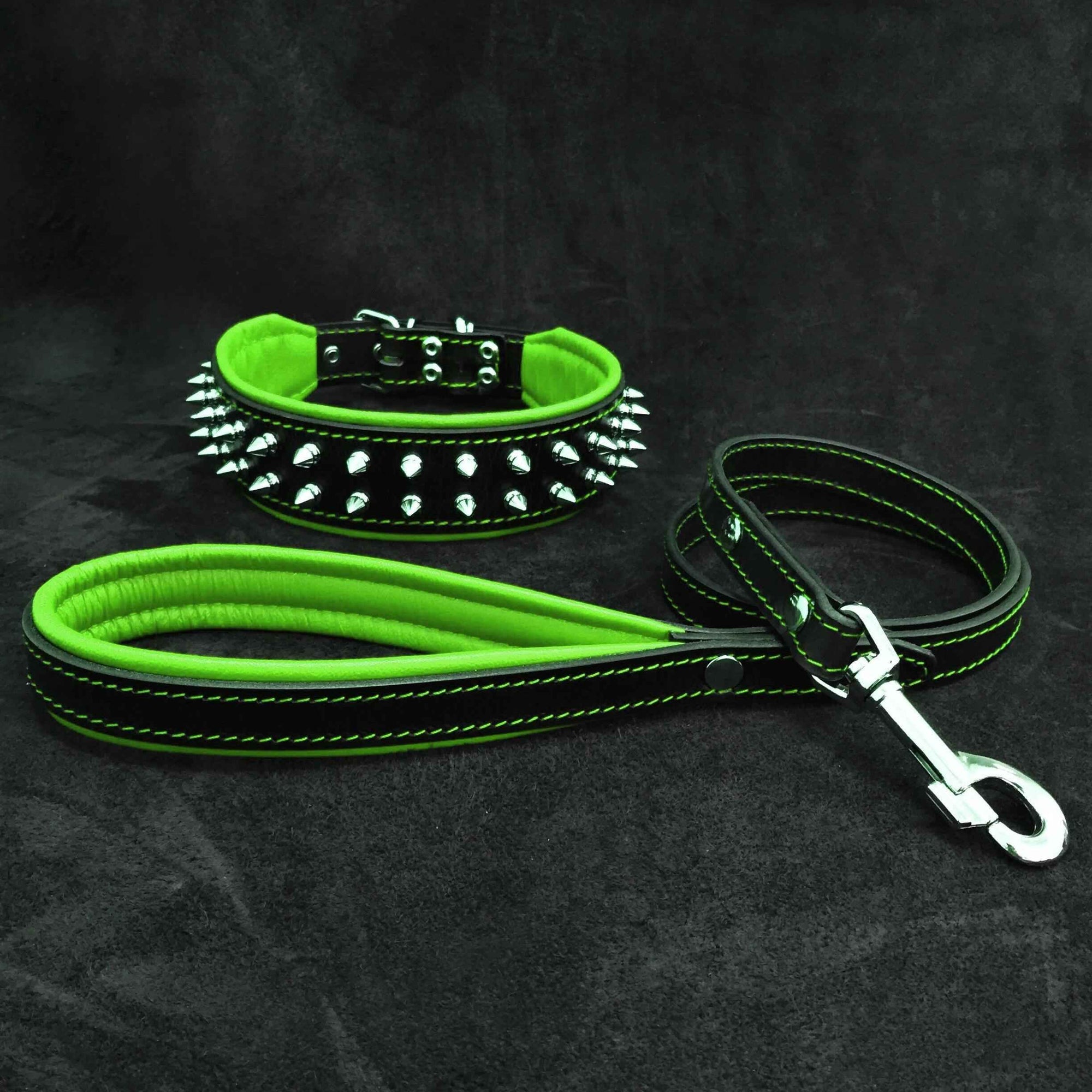 Bestia Frenchie Green Leather Dog Collar & Leash Set