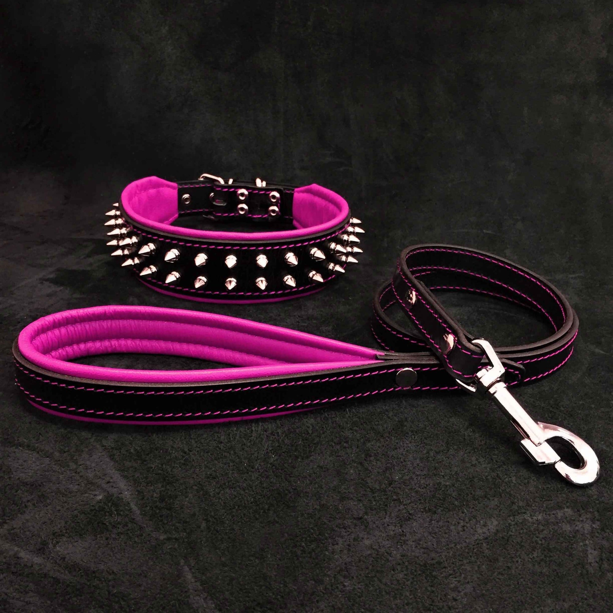 Bestia Frenchie Pink Leather Dog Collar & Leash Set