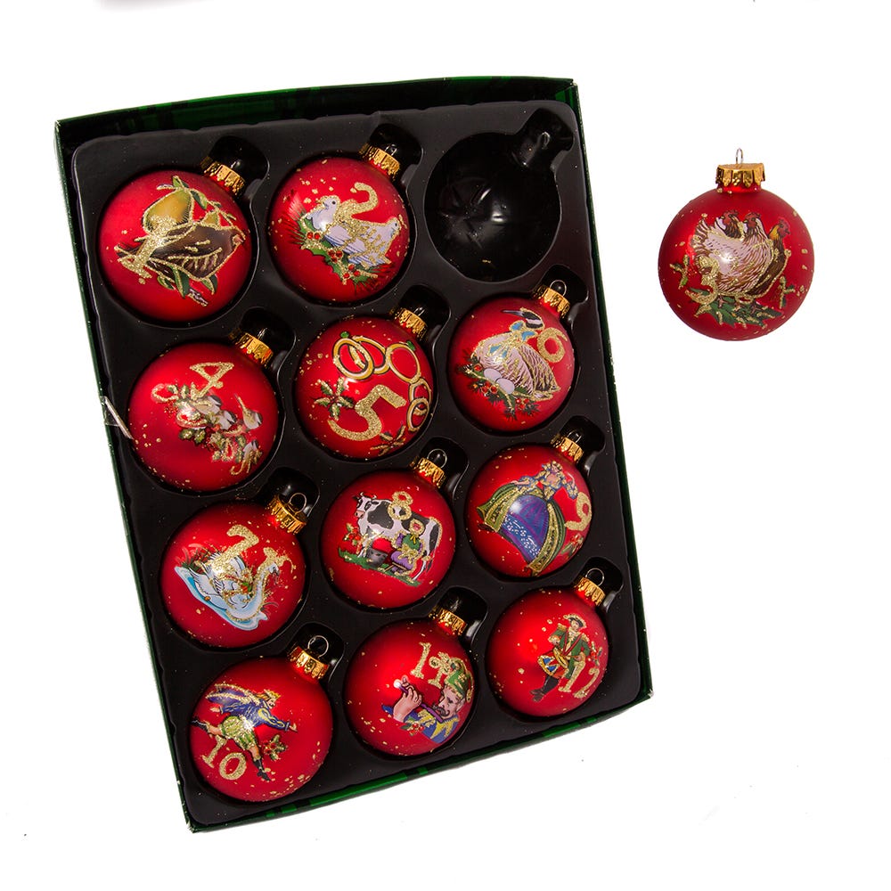 Kurt Adler 65mm 12 Days of Christmas Decorative Glass Balls, 12 Piece Set