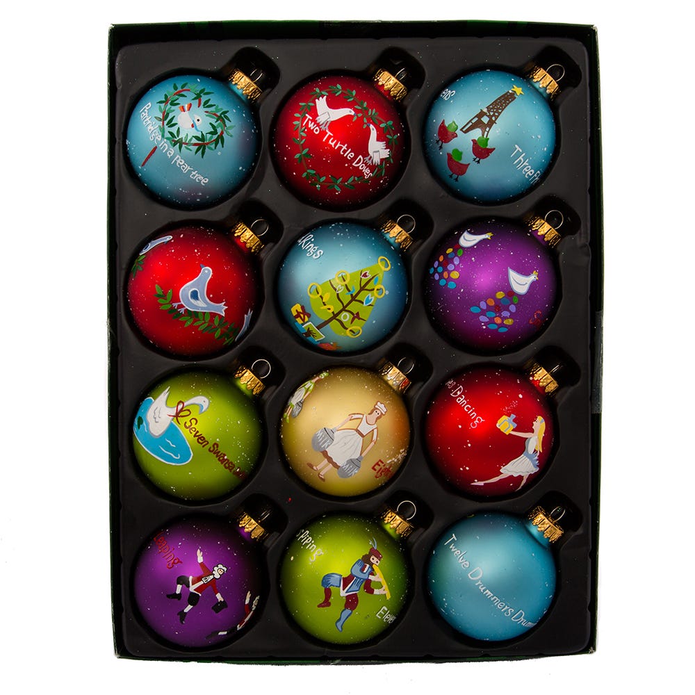 Kurt Adler 65MM Glass 12 Days Of Christmas Ball Ornaments, 12-Piece Boxed Set