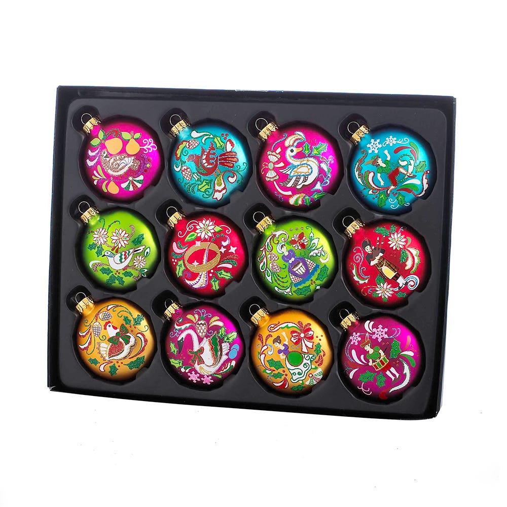 Kurt Adler 65MM Glass 12 Days Of Christmas Glass Ball Ornaments, 12-Piece Boxed Set