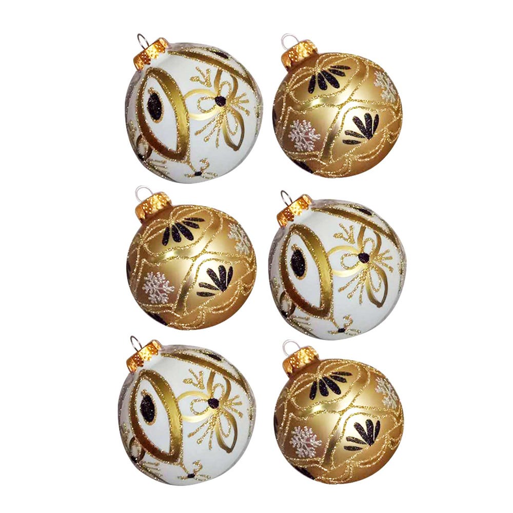 Kurt Adler 80MM Gold and White Glass Ball Ornaments, 6-Piece Box Set