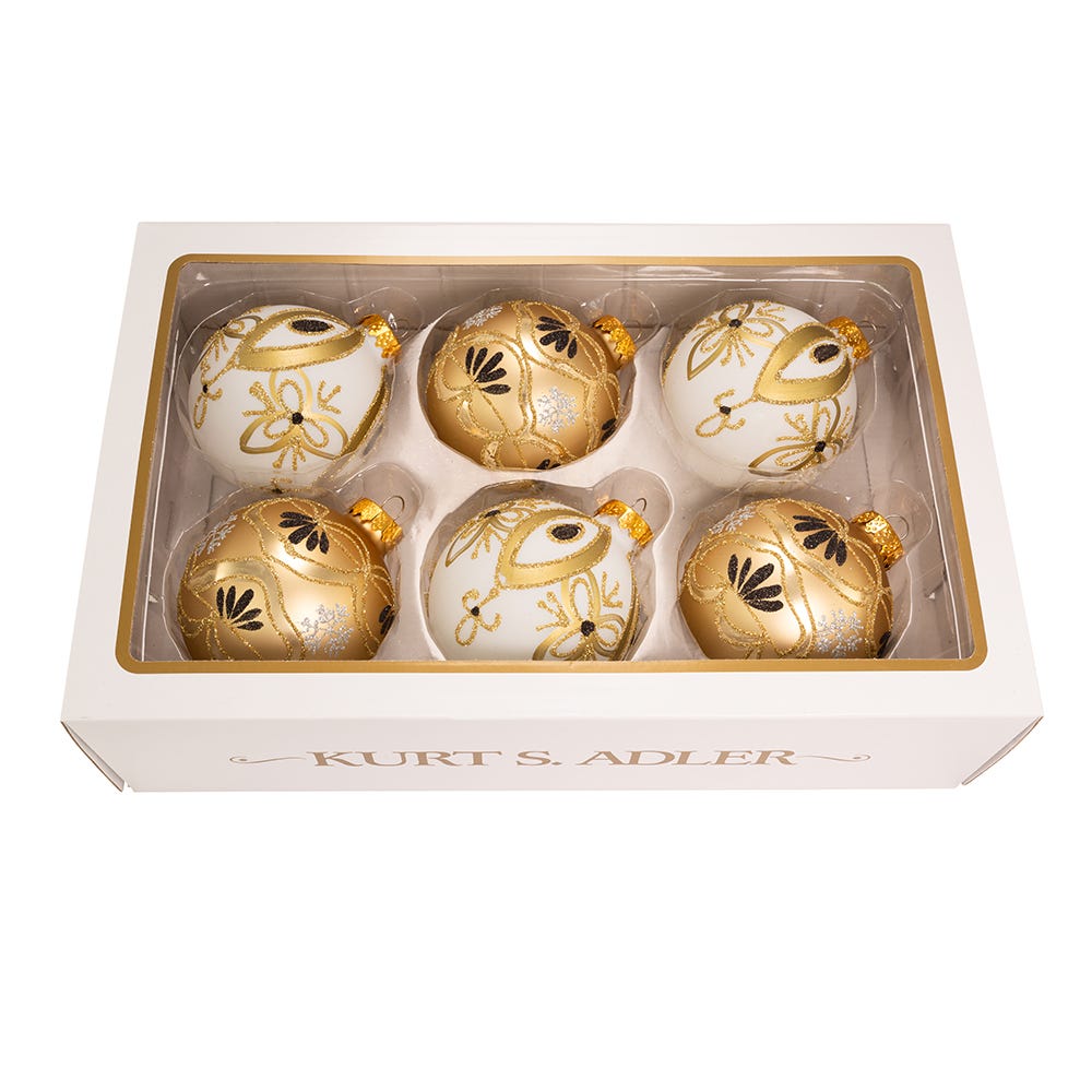 Kurt Adler 80MM Gold and White Glass Ball Ornaments, 6-Piece Box Set