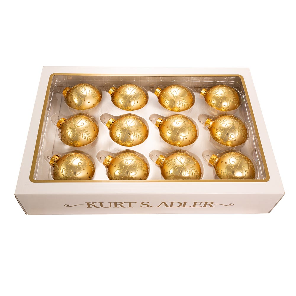 Kurt Adler 60MM Gold With Pattern Glass Ornaments, 12-Piece Box