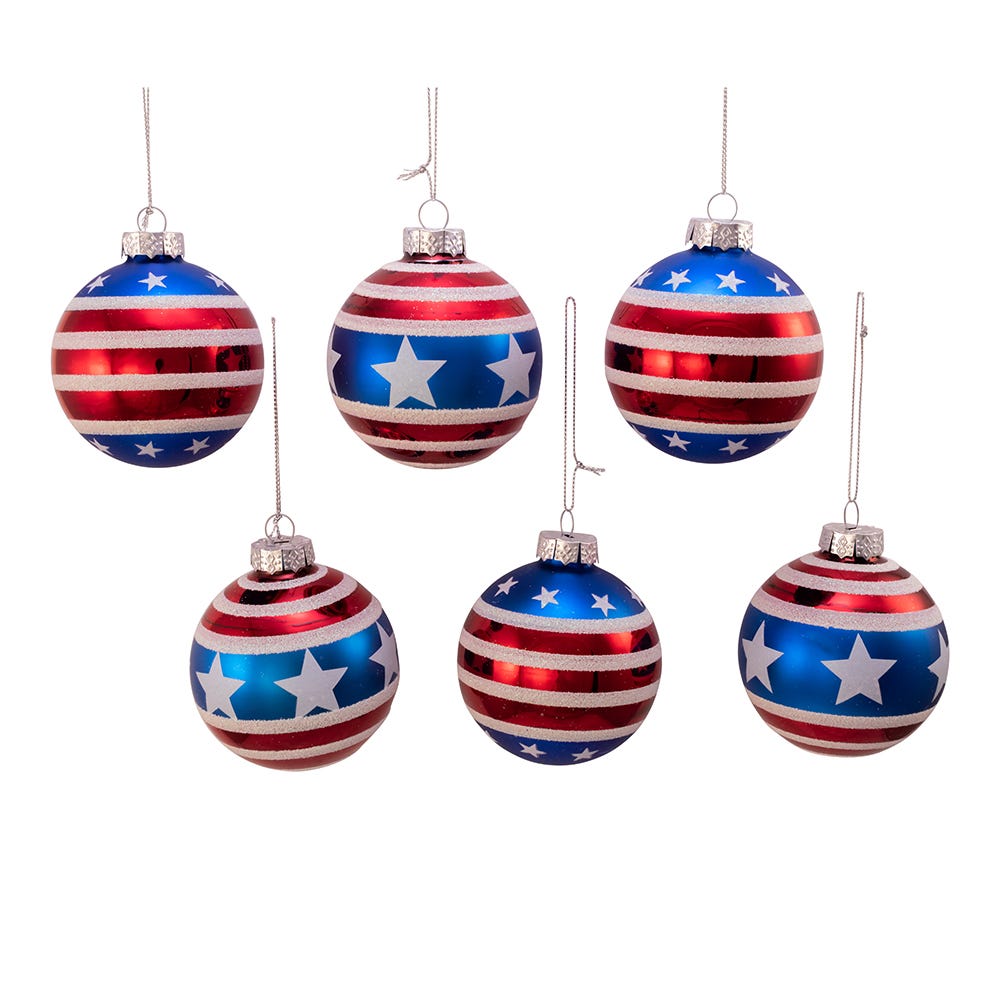 Kurt Adler 80MM Red, White and Blue Stars and Stripes Glass Ball Ornaments, 6 Piece Box