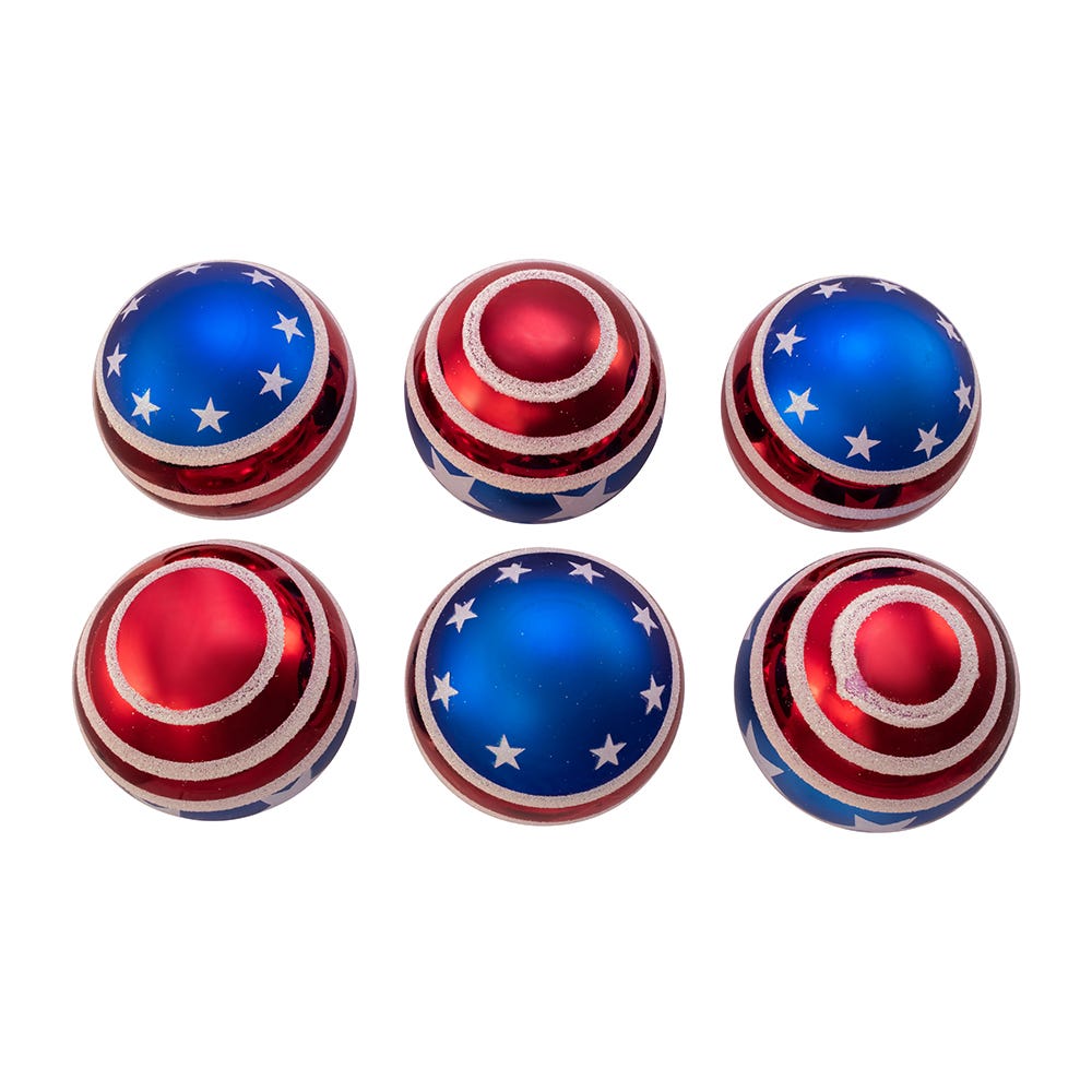 Kurt Adler 80MM Red, White and Blue Stars and Stripes Glass Ball Ornaments, 6 Piece Box