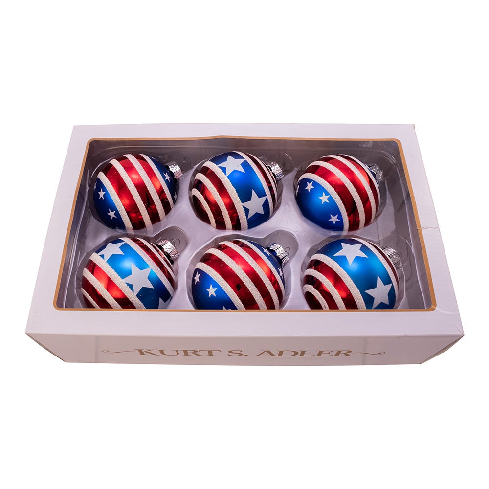 Kurt Adler 80MM Red, White and Blue Stars and Stripes Glass Ball Ornaments, 6 Piece Box