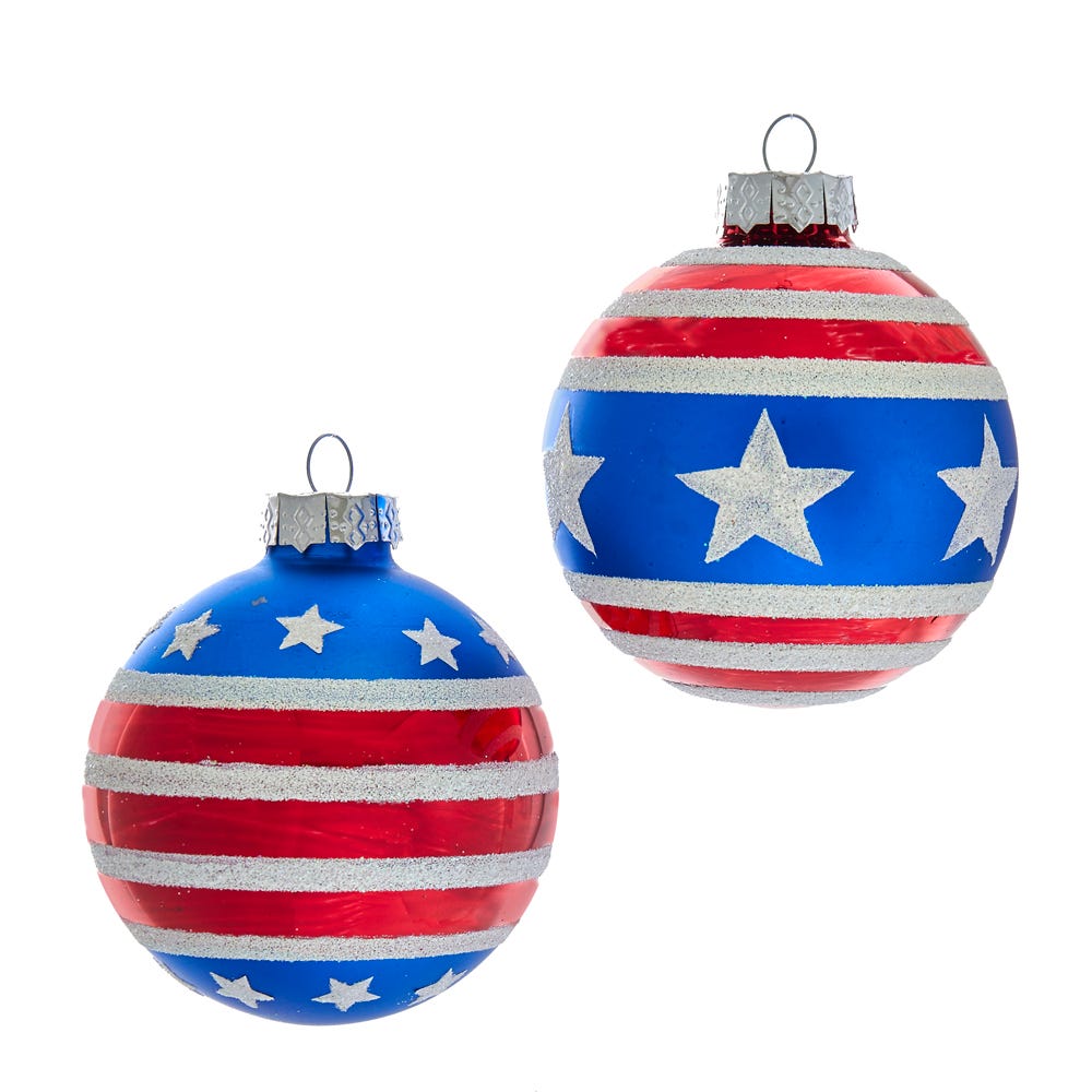 Kurt Adler 80MM Red, White and Blue Stars and Stripes Glass Ball Ornaments, 6 Piece Box