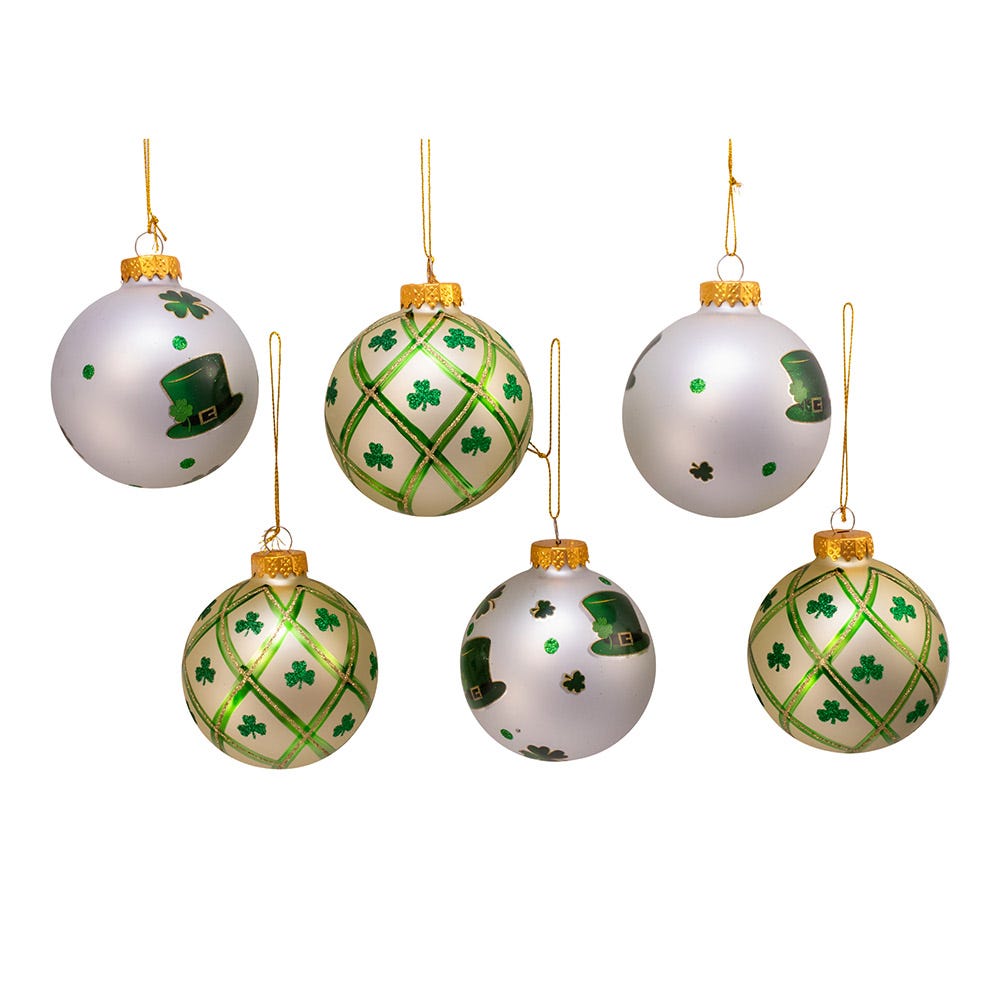 Kurt Adler 80MM Silver and Light Green St. Patrick Glass Ball Ornaments, 6 Piece Box