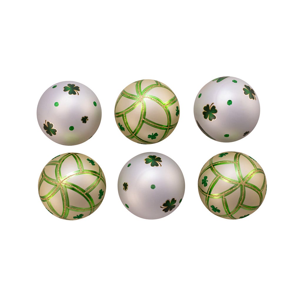 Kurt Adler 80MM Silver and Light Green St. Patrick Glass Ball Ornaments, 6 Piece Box