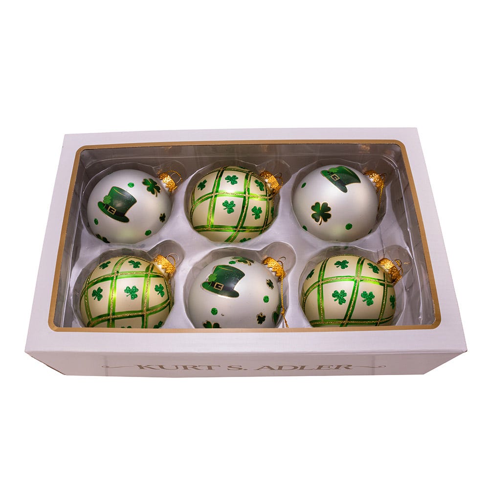 Kurt Adler 80MM Silver and Light Green St. Patrick Glass Ball Ornaments, 6 Piece Box