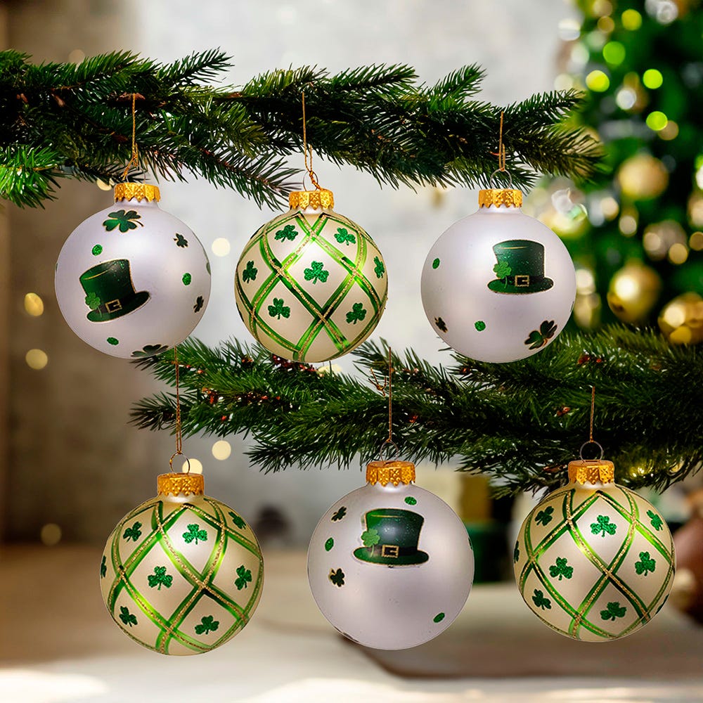 Kurt Adler 80MM Silver and Light Green St. Patrick Glass Ball Ornaments, 6 Piece Box