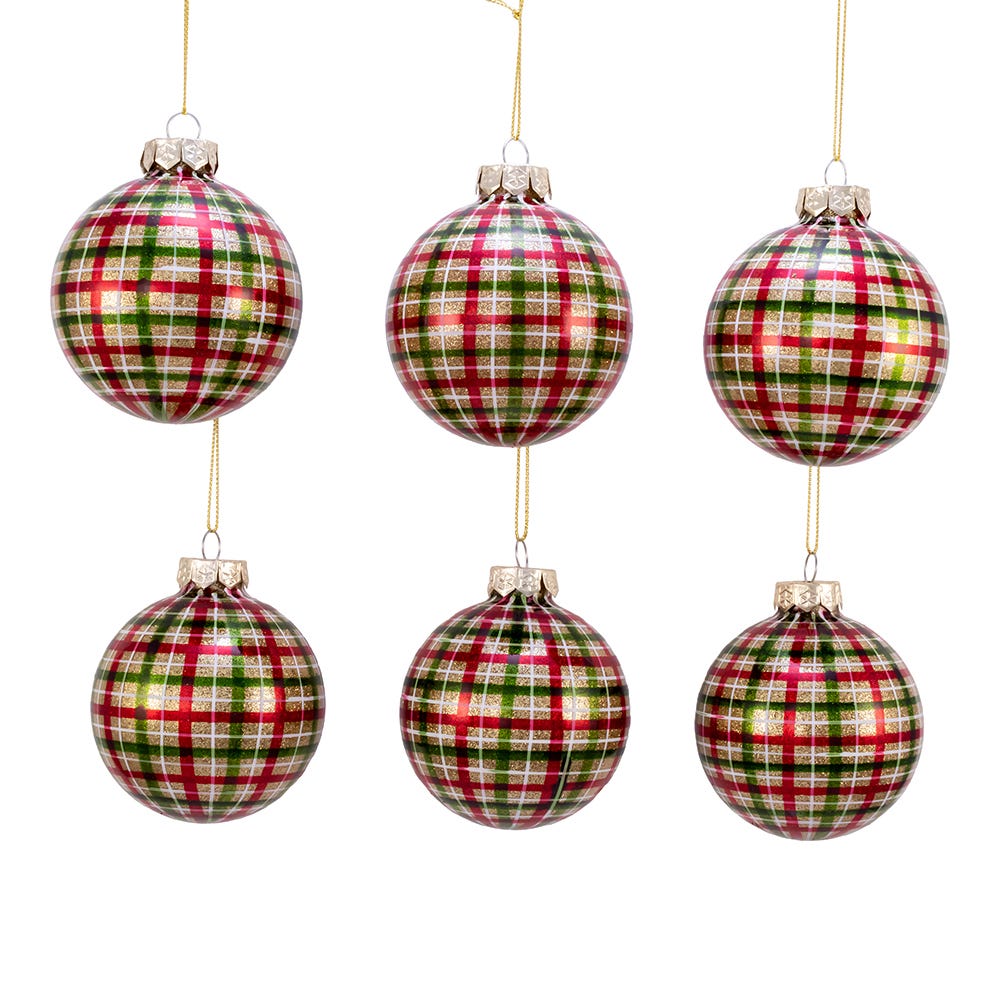 Kurt Adler 80MM Red and Green Plaid Glass Ball Ornaments, 6 Piece Box