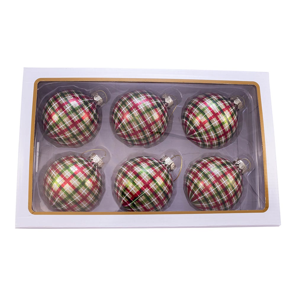 Kurt Adler 80MM Red and Green Plaid Glass Ball Ornaments, 6 Piece Box