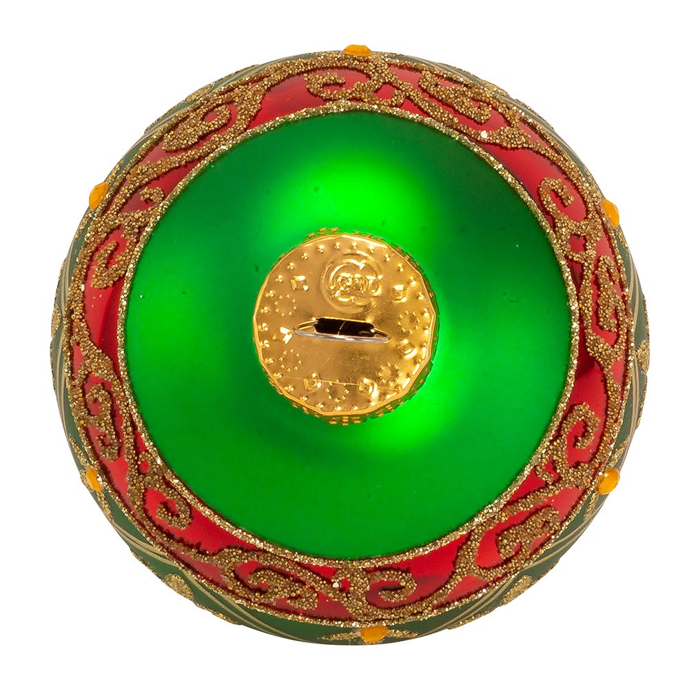 Kurt Adler 80MM Green Glass Ball Ornament With Red And Gold Fleur-De-Lis Design, 6-Piece Box