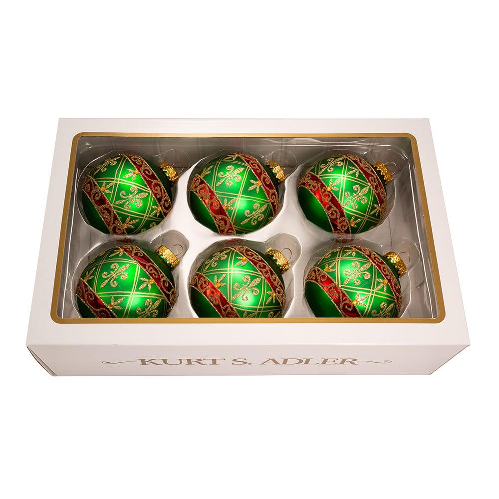 Kurt Adler 80MM Green Glass Ball Ornament With Red And Gold Fleur-De-Lis Design, 6-Piece Box