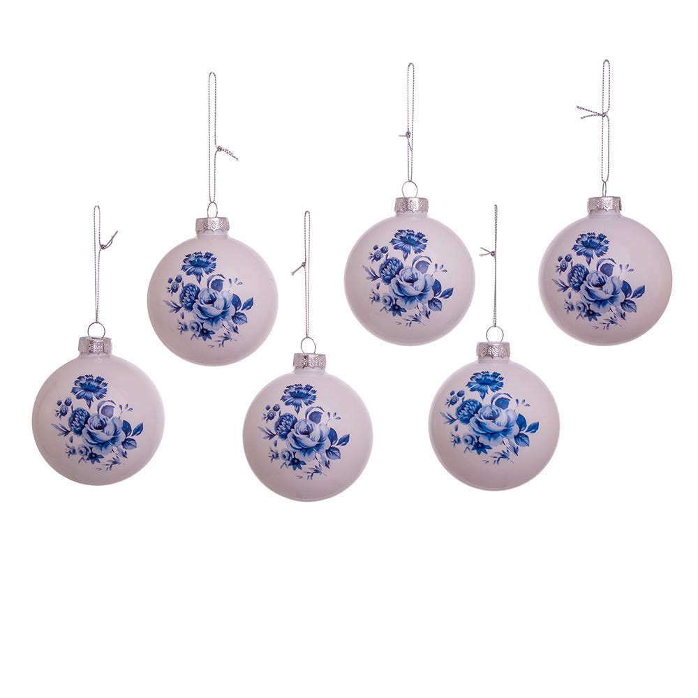 Kurt Adler 80MM Delft Blue Shiny Glass Ball Ornaments, 6-Piece Set