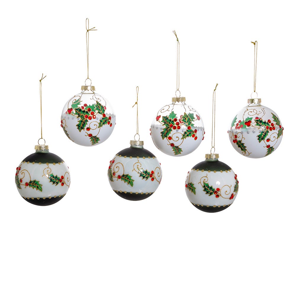 Kurt Adler 80MM Holly Leaves and Berries Glass Ball Ornaments, 6-Piece Set