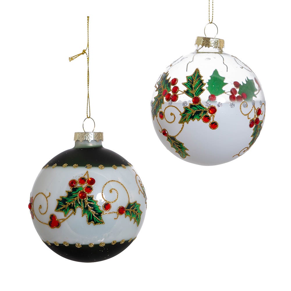 Kurt Adler 80MM Holly Leaves and Berries Glass Ball Ornaments, 6-Piece Set