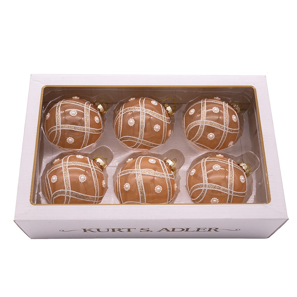 Kurt Adler 80MM Champagne and Pearl Peach Glitter Ball Ornaments, 6 Piece Set