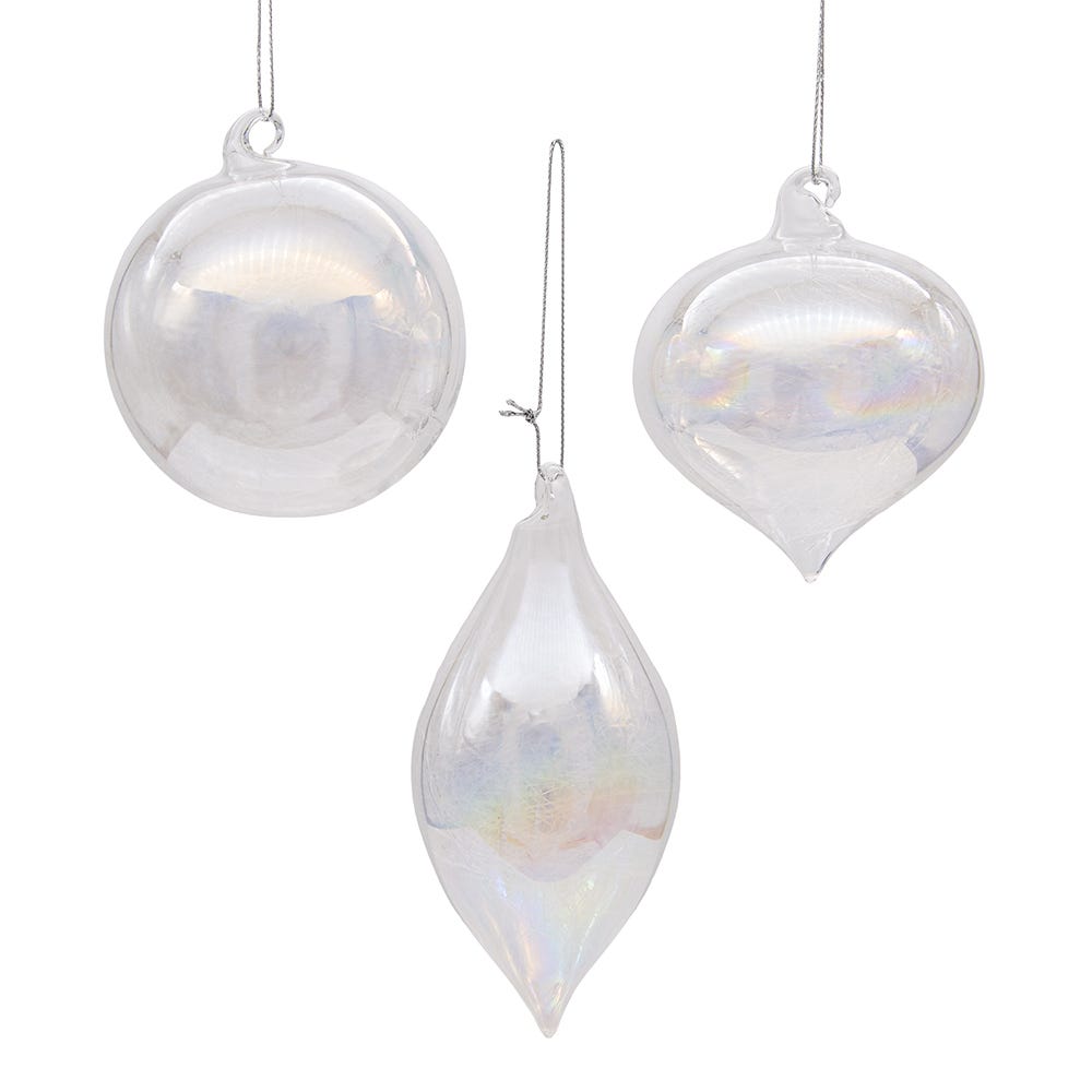 Kurt Adler 80MM Clear Iridescent Ball, Onion and Teardrop Ornaments, 3 Piece Set