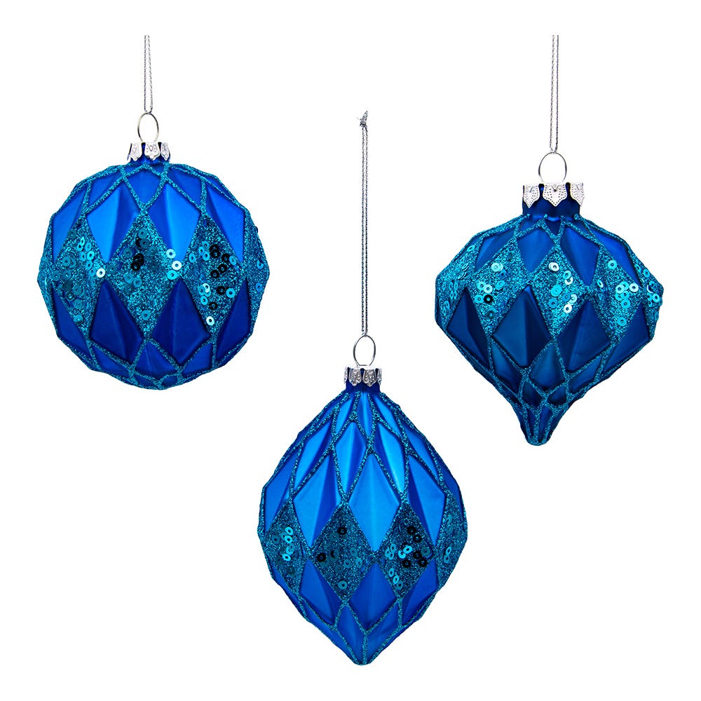Kurt Adler 80MM Glittered, Sequin Blue Ball, Finial and Onion, 3 Piece Set