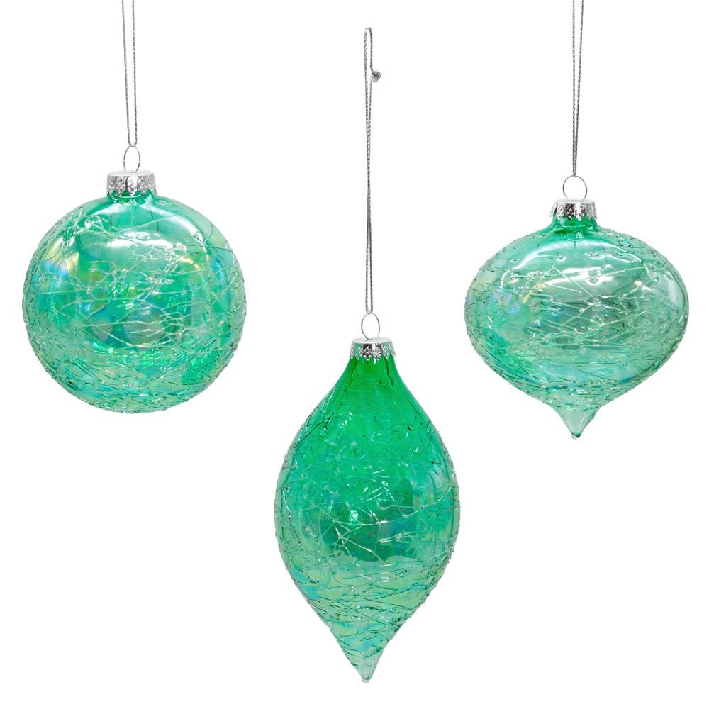 Kurt Adler 80MM Glass Iridescent Green Onion, Ball and Finial 3-Piece Ornament Set
