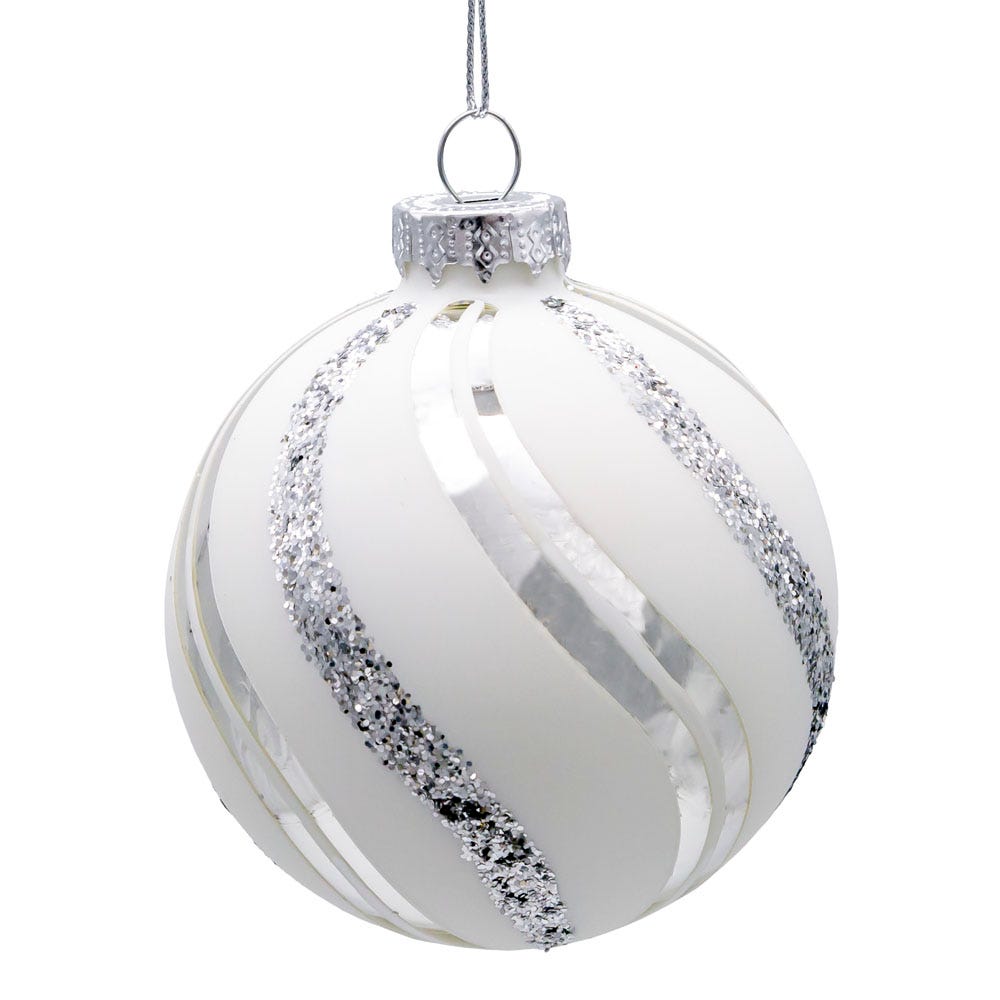 Kurt Adler 80MM Glass White Glittered Swirl 6-Piece Ball Ornament Set