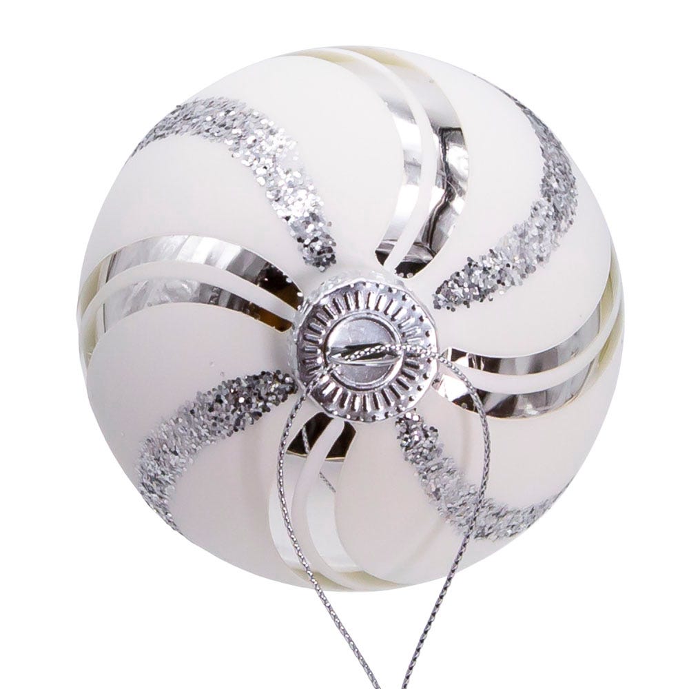 Kurt Adler 80MM Glass White Glittered Swirl 6-Piece Ball Ornament Set