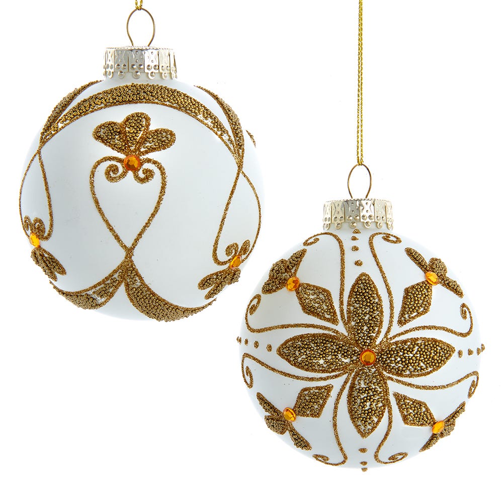Kurt Adler 80 MM White Balls with Gold Beads, 6-Piece Set
